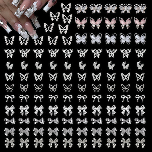 115 Pcs 3D Butterfly Bow Nail Charms Kit, Metal Rhinestone Jewelry, Y2K Coquette Sparkly Alloy Accessories for Acrylic Gel Art Design
