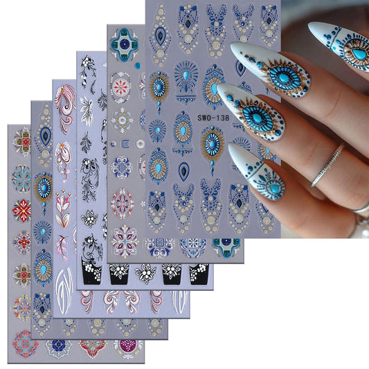 6 Sheets Bohemian People Nail Art Stickers 3D Self -Adhesive Colorful Plaid Flowers Nail Decals Holographic Ethnic Style Nail Stickers Unique Flower Nail Staickers Decoration for Women DIY Manicure