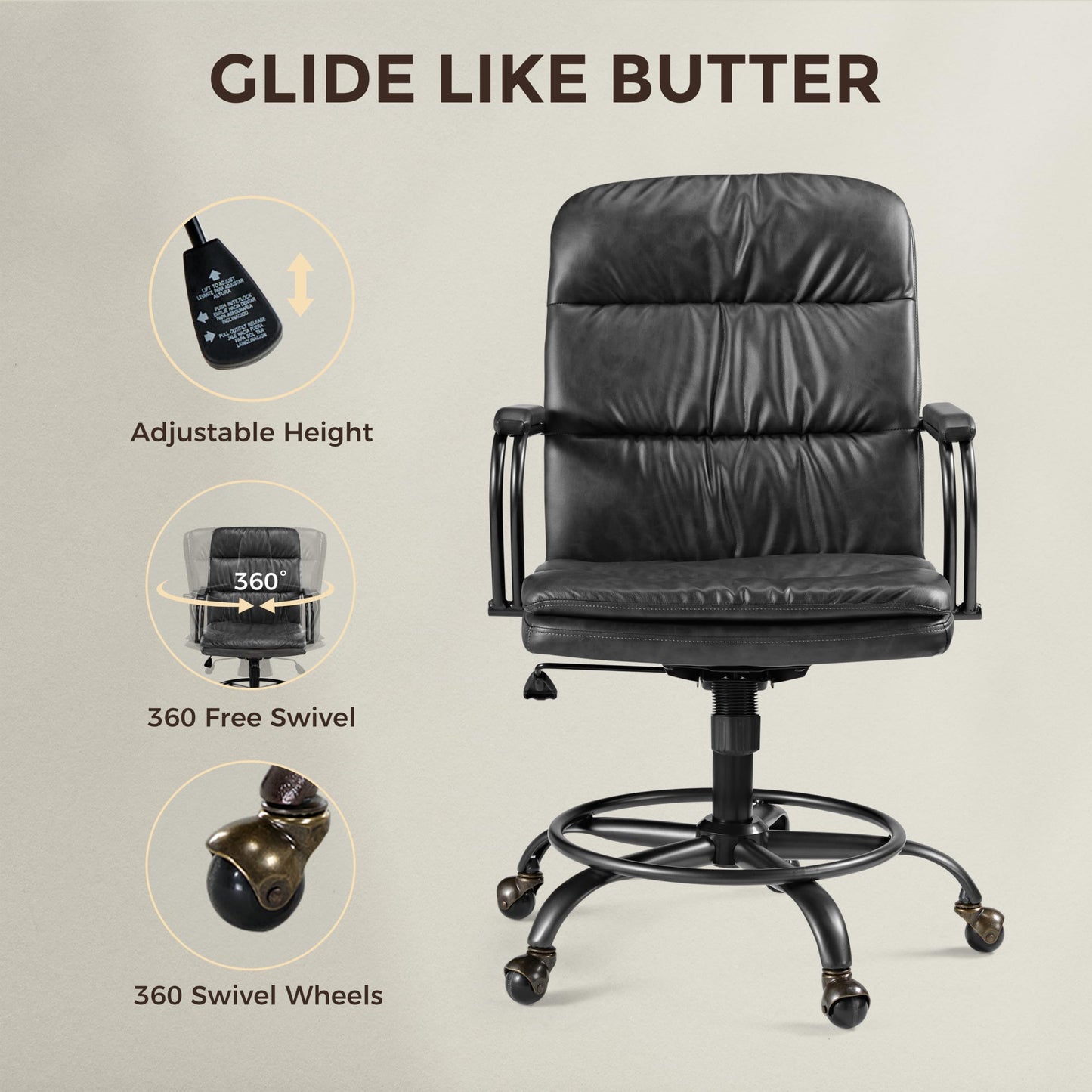 EUREKA ERGONOMIC Mid-Century Vintage Office Chair, Faux Leather Executive Desk Chair with Unique Ball Casters and Fixed Footrest Ring, Brown Retro Swivel Chair for Home Office and Study, Gray