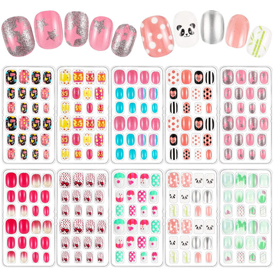 Maitys 240 Pcs Children False Nails 10 Packs Kids Girls Press on Short Artificial Fake Nails Gradient Color Rainbow Pre Glue Full Cover Acrylic Nail Kit for Children Nail Decoration(Colorful Bows)
