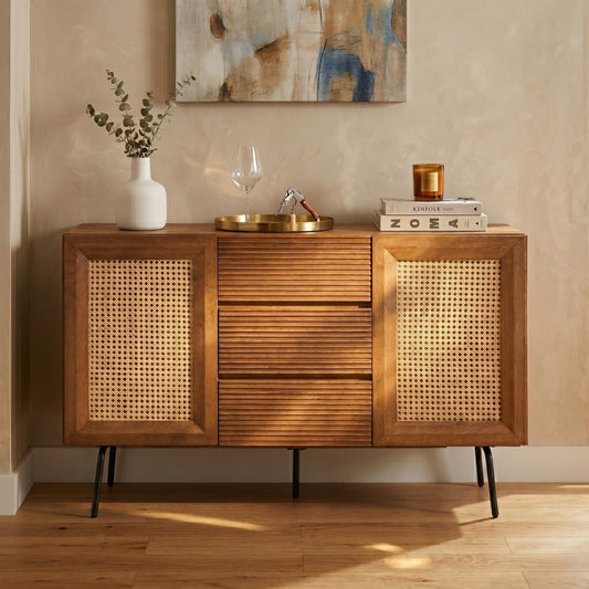 NTC MOSSIC Sideboard with 2 Doors and 3 Drawers, Buffet Cabinet with Natural Rattan and Metal Legs, Modern Storage Cabinet for Living Room, and Hallway, Effortless Assembly, Teak Look