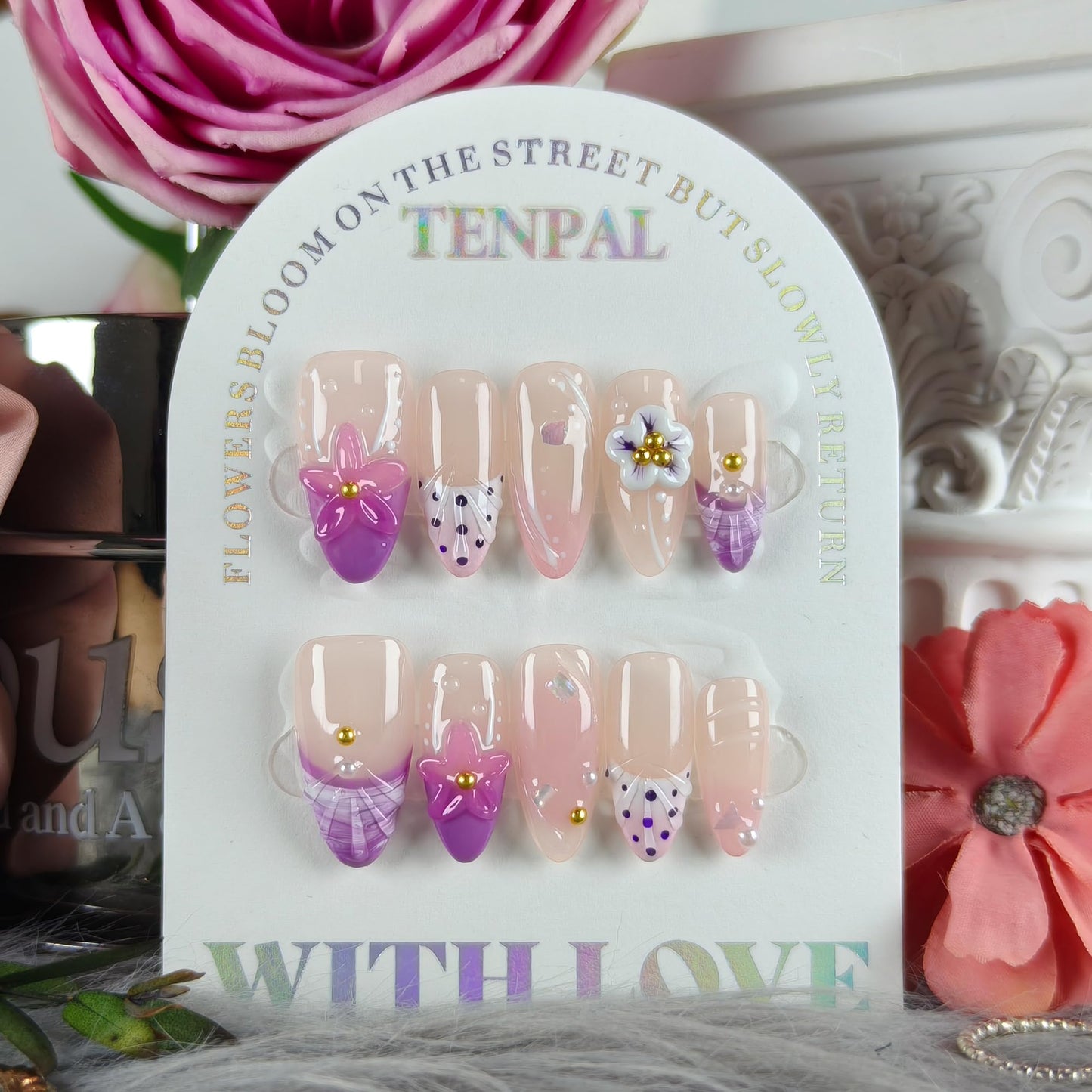 TENPAL Handmade Soft Lilac French Tips Press on Nails Medium Almond with 3D Glitter Floral & Pearl, Handmade & Reusable, Sheer Flattering False Nails for Everyday Summer Wear 10PCS(M)