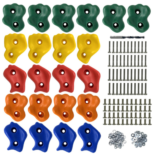 Safe Kidz 22 Assorted Deluxe Rock Climbing Holds for Kids - Outdoor Climbing Stones Kit with 44 Swing Safe Fasteners + Drill Bit Easy to Install on Lumber from 3/4" to 1.25" Thick
