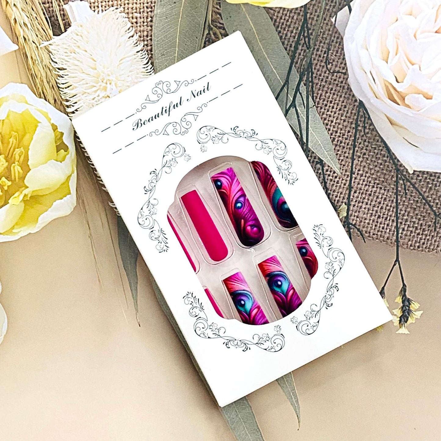 EYZOTSF Press on Nails Long Coffin Shaped Acrylic Square False Nails with Designs Artificial Extra Long Length Coffin Fake Nails with Charms Glue Stick ons Fingernails for Women Girls(Y465)