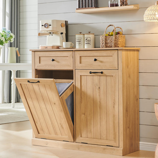 IFGET Double Tilt Out Trash Cabinet, 20 Gallon Farmhouse Laundry Hamper Cabinet with 2 Drawers, Hidden Wooden Trash Can Cabinets with Storage Basket for Kitchen, Living Room (Natural)