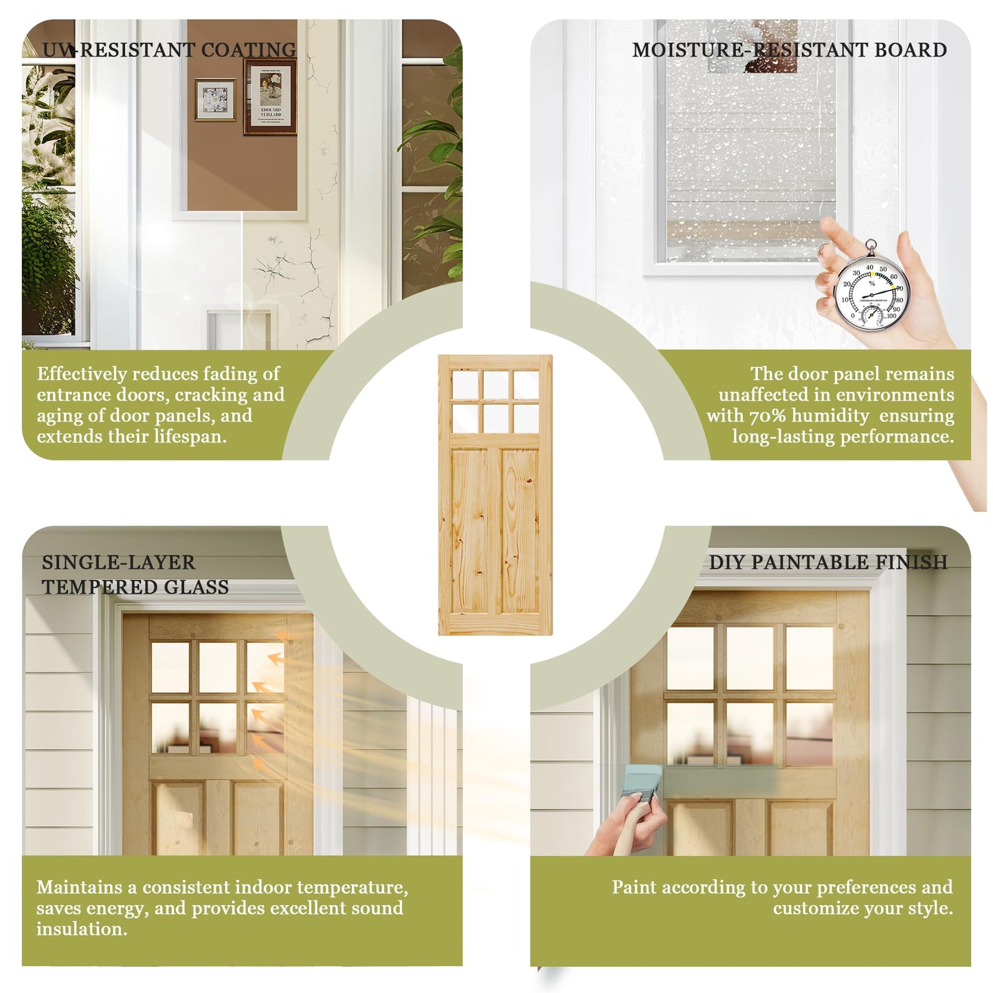 Lakenyon Entry Door, 30" x 80", 6-Panel Clear Glass Front Door, Solid Wood & MDF Exterior Doors, Waterproof Primed, Easy DIY Install-Pine