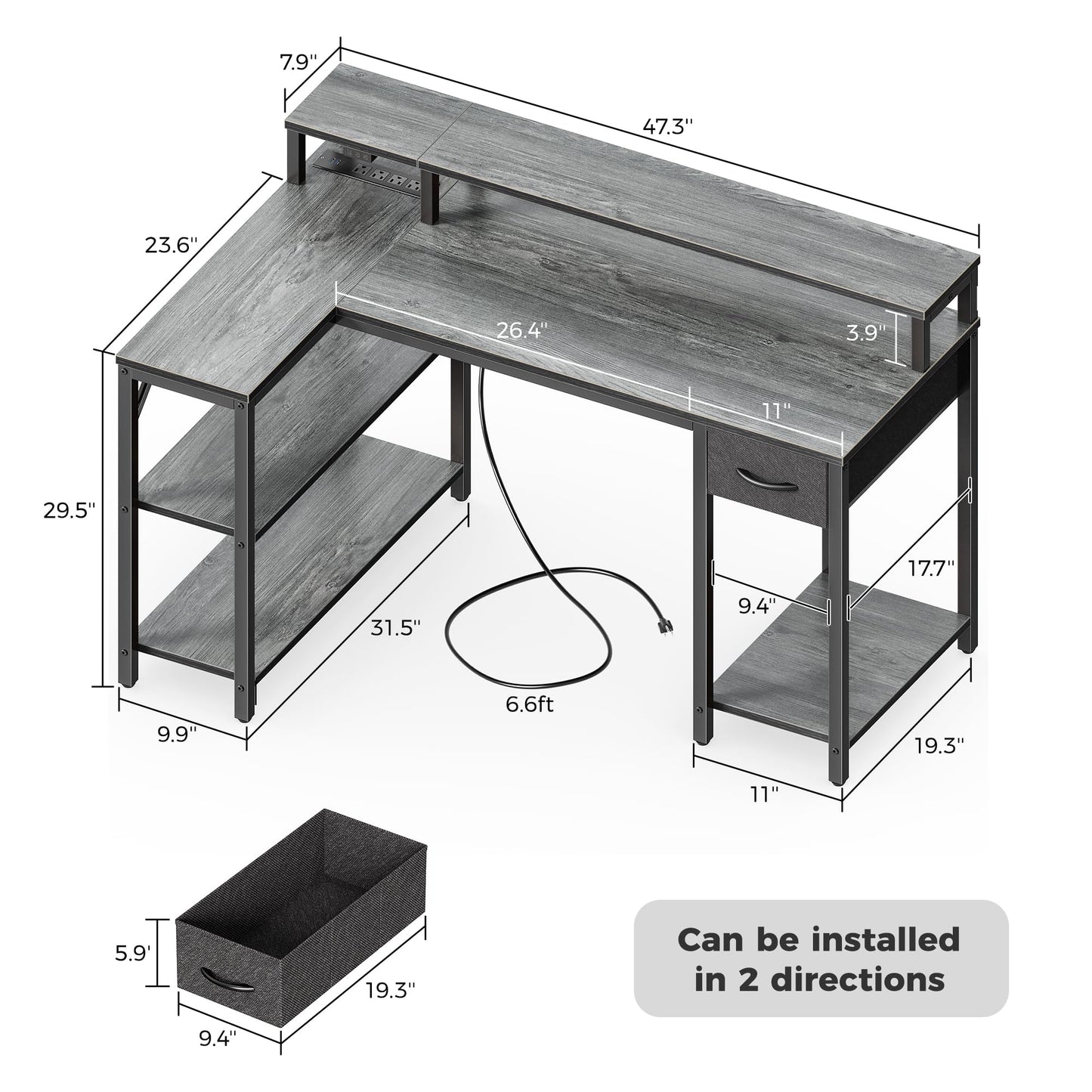 SUPERJARE 47 inch Reversible L Shaped Desk with LED Lights & Power Outlets, Computer Desk with Shelves & Monitor Stand, Gaming Desk with Drawer, Home Office Desk Corner Desk, Grey