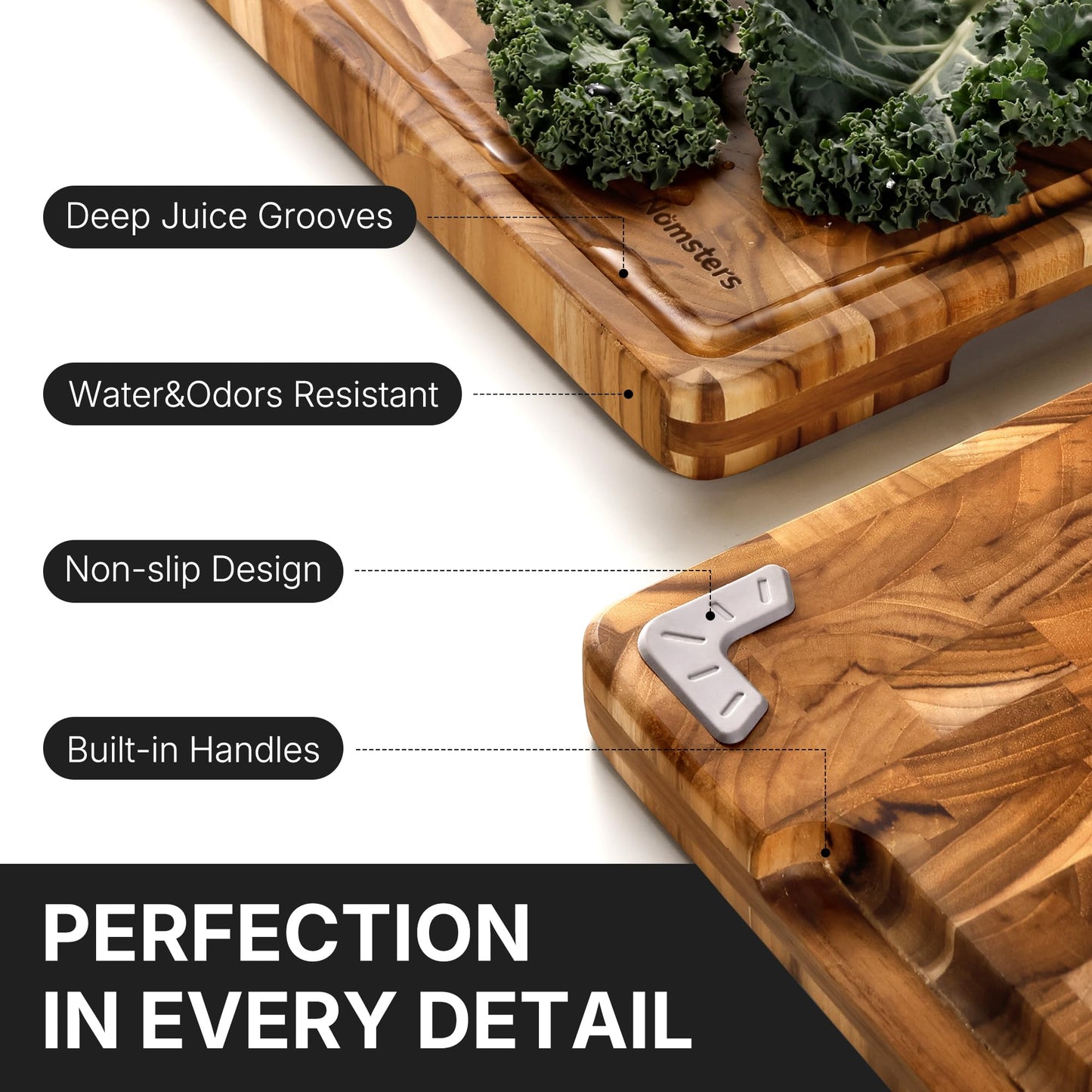Teak Wood End Grain Cutting Board Set of 3 with Non-slip Feet, Reversible Cutting Boards for Kitchen with Juice Grooves and Handles Non Toxic Chopping Board Butcher Block Serving Tray Kitchen Sets