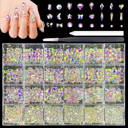 Kaipheiquan Nail Rhinestones Kit, 18 Types of 900 Special-Shaped Nail AB Diamonds & 3200 Flat-Bottomed Nail Rhinestones, 3D Nail Crystal DIY Gemstones for Nail Art Design