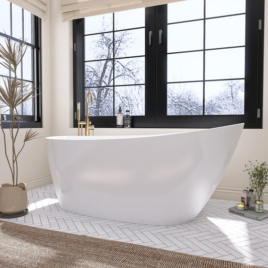 59" Free Standing Tub, Pure Acrylic Freestanding Bathtub, Stylish Stand Alone Contemporary Deep Soaking Bath Tub, cUPC Certified SY9950 (Glossy White)