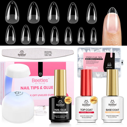 Beetles Gel Nail Kit Etch-X, Almond Short, 288pcs 12 Sizes Nail Tips, 3Pcs 15ml HEMA-Free Nail Glue Top Coat & Base Gel Set, with Mini Lamp, Press On Nail, Long Lasting Extension DIY Set at Home