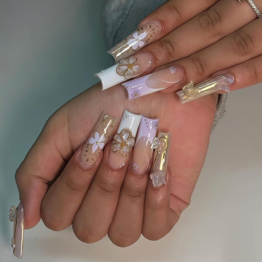 Long Press on Nails Square Fake Nails Purple Acrylic Nail Press Ons Seeneey 3D Flowers and Gold Charm Designs Cute Butterfly Stick on Nail for Women 24pcs