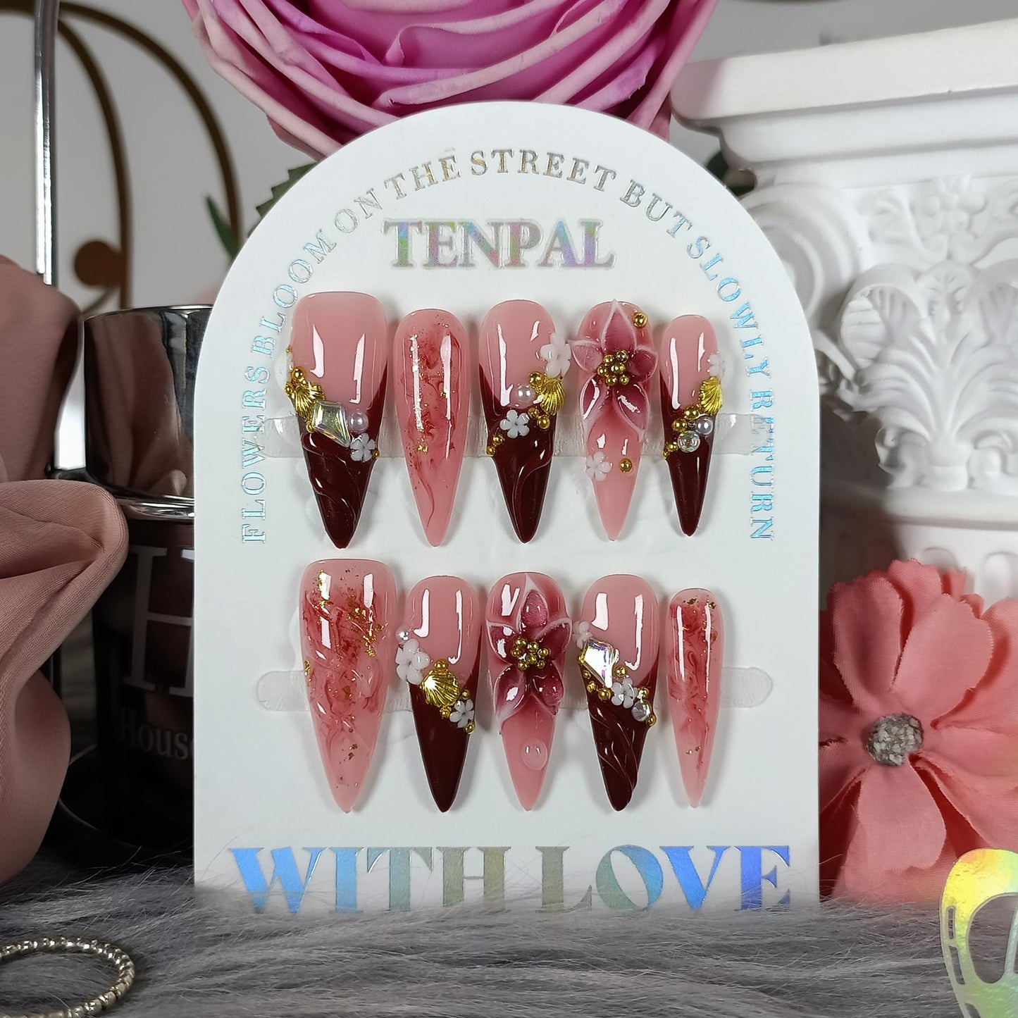 TENPAL Handmade Press on Nails Long Stiletto - Burgundy French Tips 3D Floral Embossed Glossy False Nails for Women Girls Fall Winter- Glossy Acrylic Y2K Nails for Parties Date Daily Wear(M)