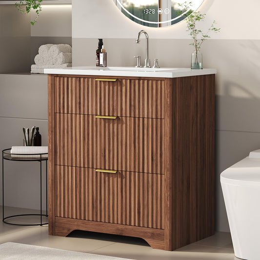 Garvee 30" Fluted Bathroom Vanity with Sink, Farmhouse Freestanding Bathroom Sink Cabinet with 2 Drawers & 1 Flip-Down Drawer, Easy Assembly & Cleaning, Walnut