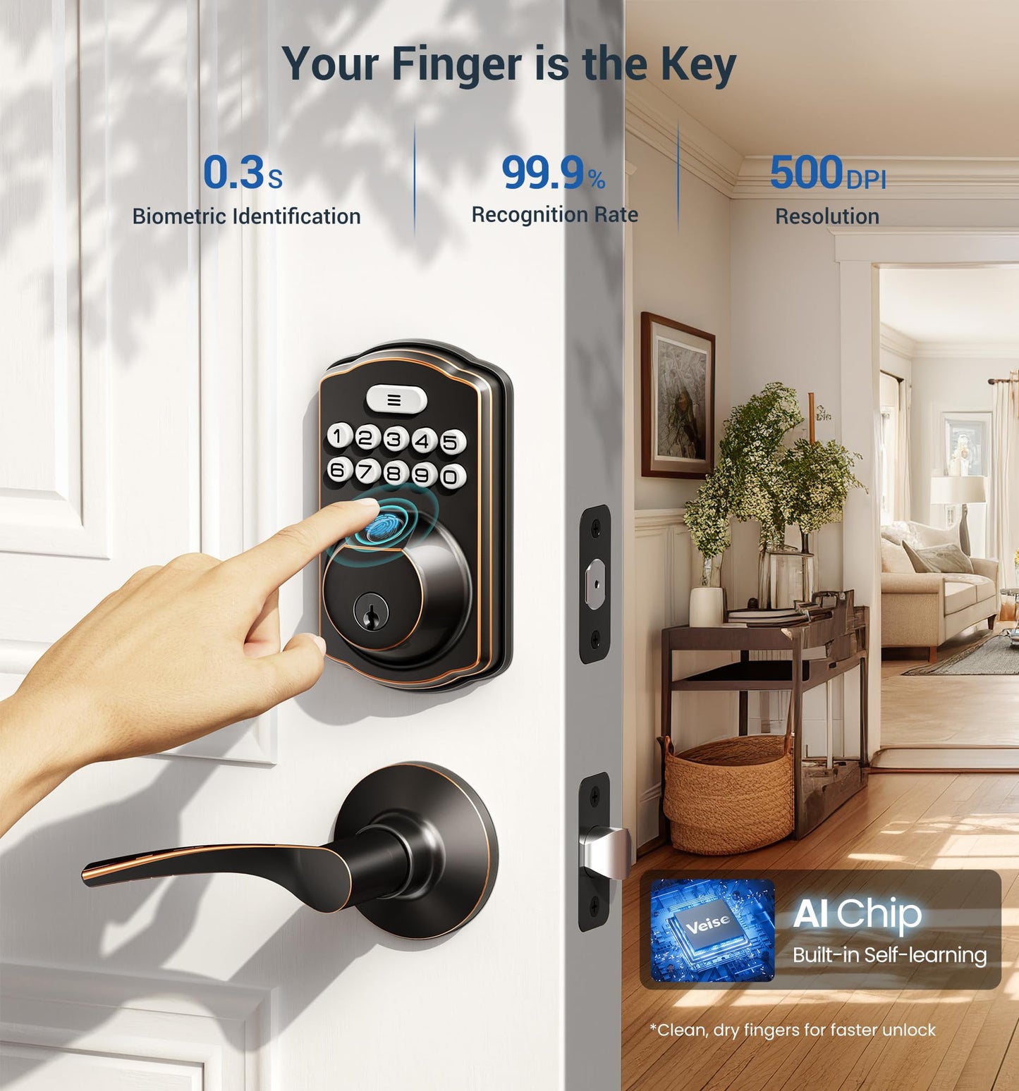 Veise Fingerprint Door Lock with 2 Lever Handles - Keyless Entry Door Lock, Electronic Keypad Deadbolt, Digital Smart Code & Front Handle Sets, Auto-Locking, Easy Installation, Oil Rubbed Bronze