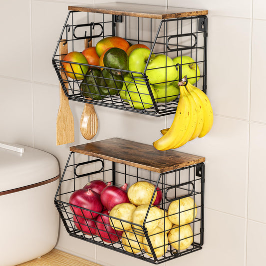 Delamu Stackable Metal Fruit Basket with Wood Lid 2 Pack, Hanging Wall Organizer for Kitchen Counter, Pantry Storage for Onions, Potatoes, Garlic, Fruits, Spices, Black