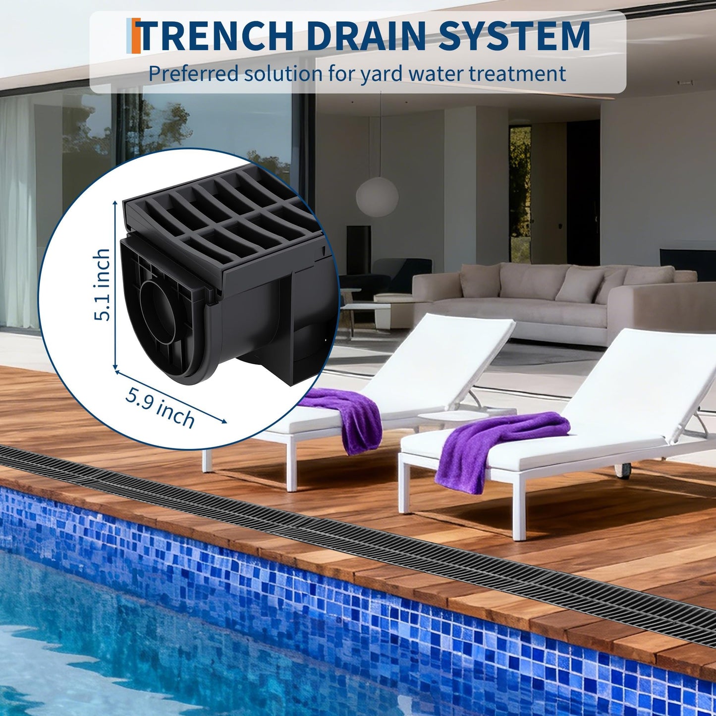 5 Pack 39.4" Trench Drain System,5.9x5.1 Inch HDPE Channel Drain with Plastic Grates & End Caps, for Garage, Garden, Patio & Driveway Drainage (Black)