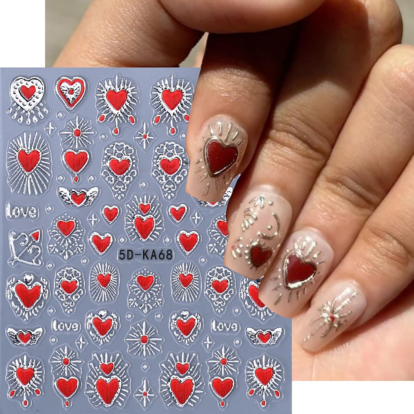2 Sheets Red Heart Nail Stickers 3D Self-Adhesive Gold Silver Nail Decals Sun Moon Star Nail Stickers Bohemia Manicure Decorations for Women
