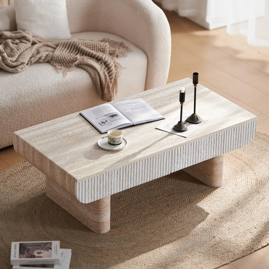 KEIKI 47" Coffee Table with Fluted Drawer, Oval Wood Coffee Table with Faux Marble Tabletop for Living Room or Office, Stylish Accent Table for Apartment or Studio, Beige Brown
