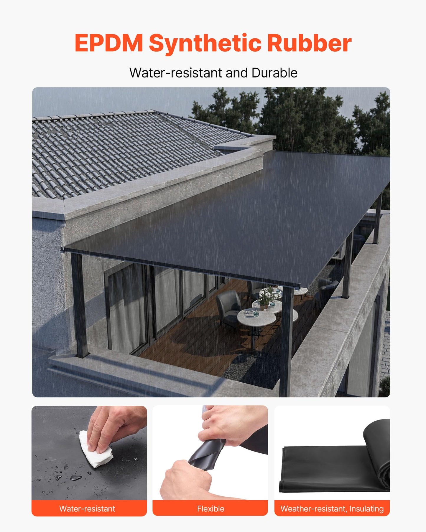 VEVOR Roll Roofing, 15 x 25 ft, 45 mil EPDM Rubber Roofing, Long Lifespan & Weather-Resistant, Withstands Harsh Temperatures, Flexible & Easy Installation, Roof Underlayment for RVs, Roofs, Ponds