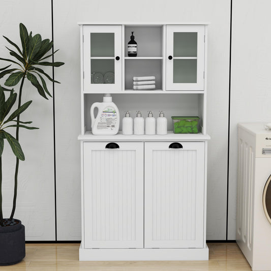 Knocbel Tilt-Out Laundry Sorter with 2 Removable Bags and Adjustable Shelves, Tall Bathroom Floor Cabinet Laundry Hamper (White 59")