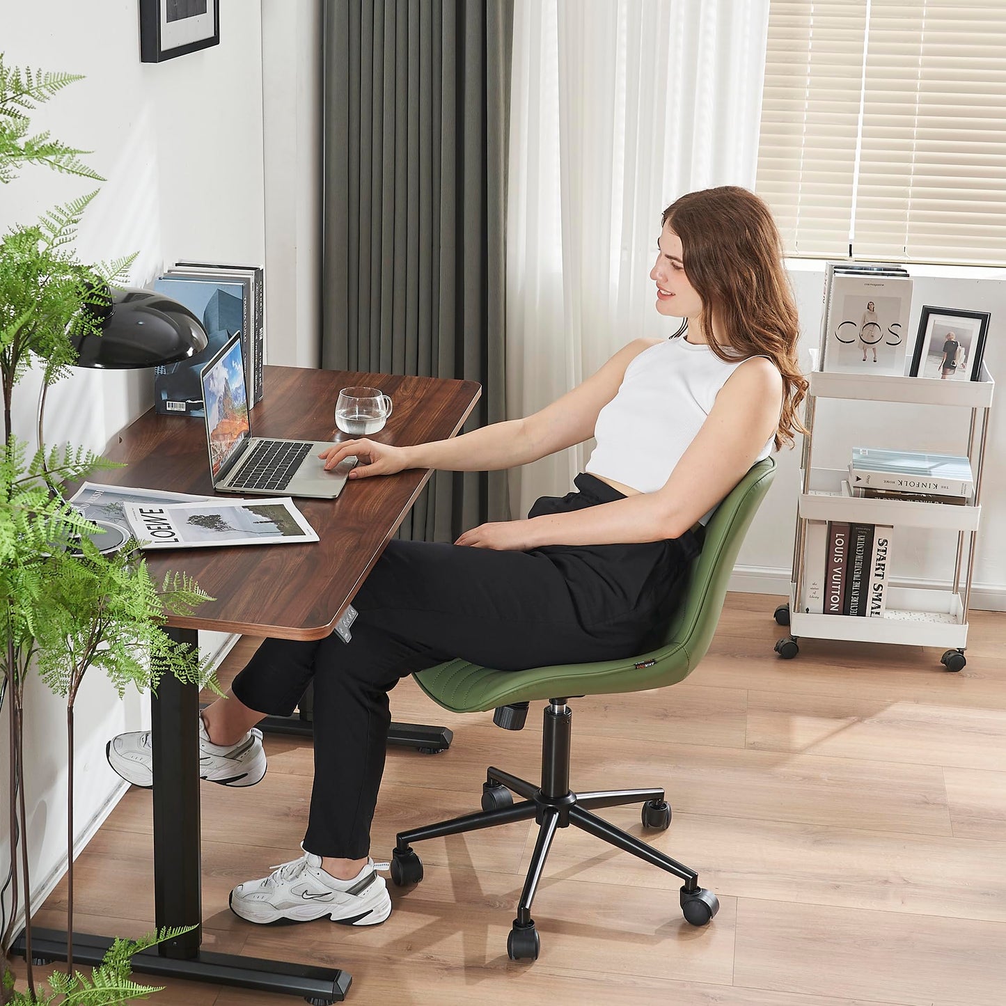 YOUNIKE Office Chair, Armless Desk Chair Computer Chair with Wheels, Modern Upholstered PU Leather Task Chair, Rolling Adjustable Swivel Home Office Desk Chair, Dark Green