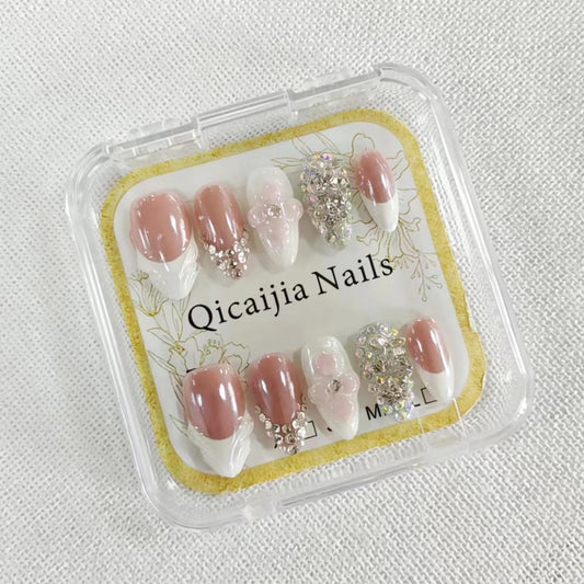 Handmade Press on Nails Short - Luxury White French Tip Fake Nails Almond Nails Press ons with Sparkly Rhinestones Designs Acrylic Nail 3D Flower Stick on Nail for Women 10Pcs (Size M)