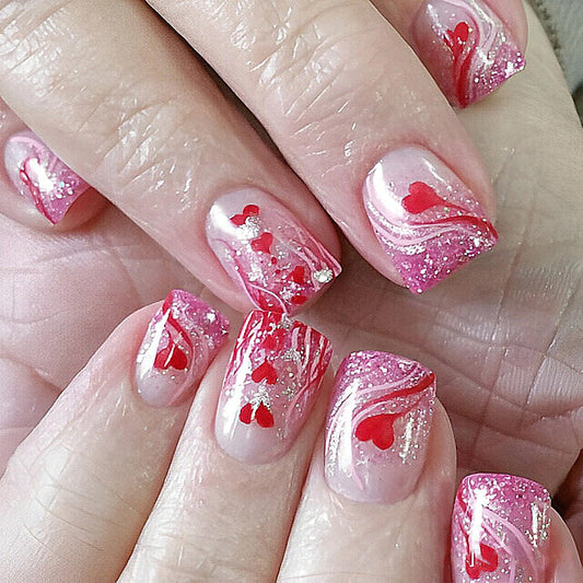 24Pcs French Tip Valentines Nails Red Heart Press on Nails Short Square Fake Nails Silver Glitter False Nails Line Artificial Nails Nude Stick on Nails Full Cover Glue on Nails for Women Nails Art