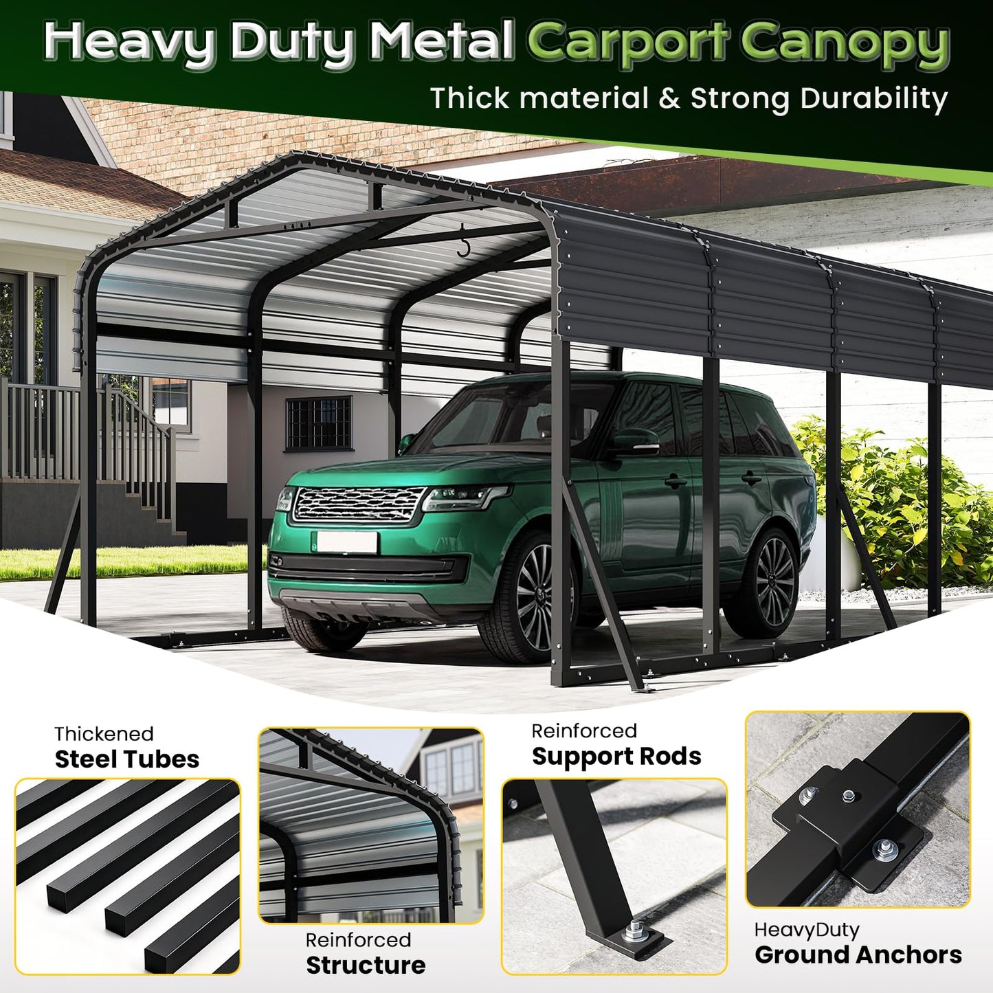 Jocoevol 12x20FT Heavy Duty Metal Carport, Outdoor Portable Car Garage w/Reinforced Support Rods & Windproof Ground Anchors, All-Season Versatile Outdoor Shelter for Car Boats Truck