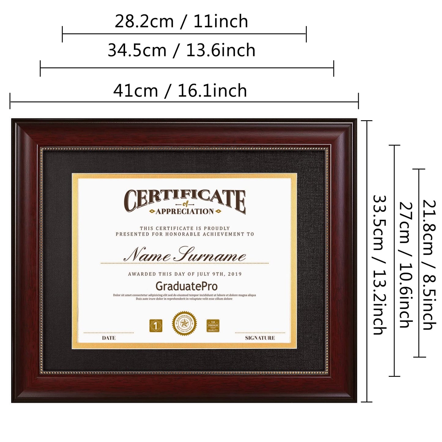 GraduatePro 8.5x11 Diploma Frame with Black Over Gold Mat or Display 11x14 Document without Mat, CPA License Frame, UV Protection Acrylic, Mahogany with Gold Beads