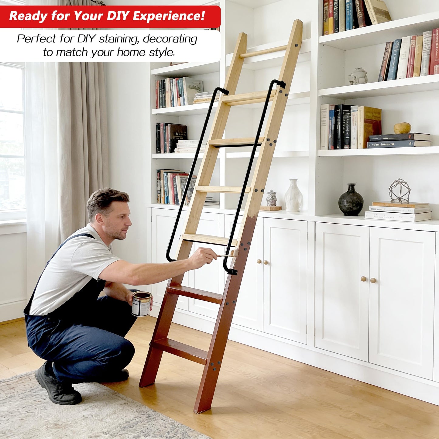 104RDHOUSE 87in Attic Rolling Library Ladder, 7 Step Wooden Ladder with,Loft Ladder Bookshelf,Wall Stairs Red Oak Stair Platform Bunkbed Ladder,for Home Kitchen,Warehouses,Bookstore,DIY Stain
