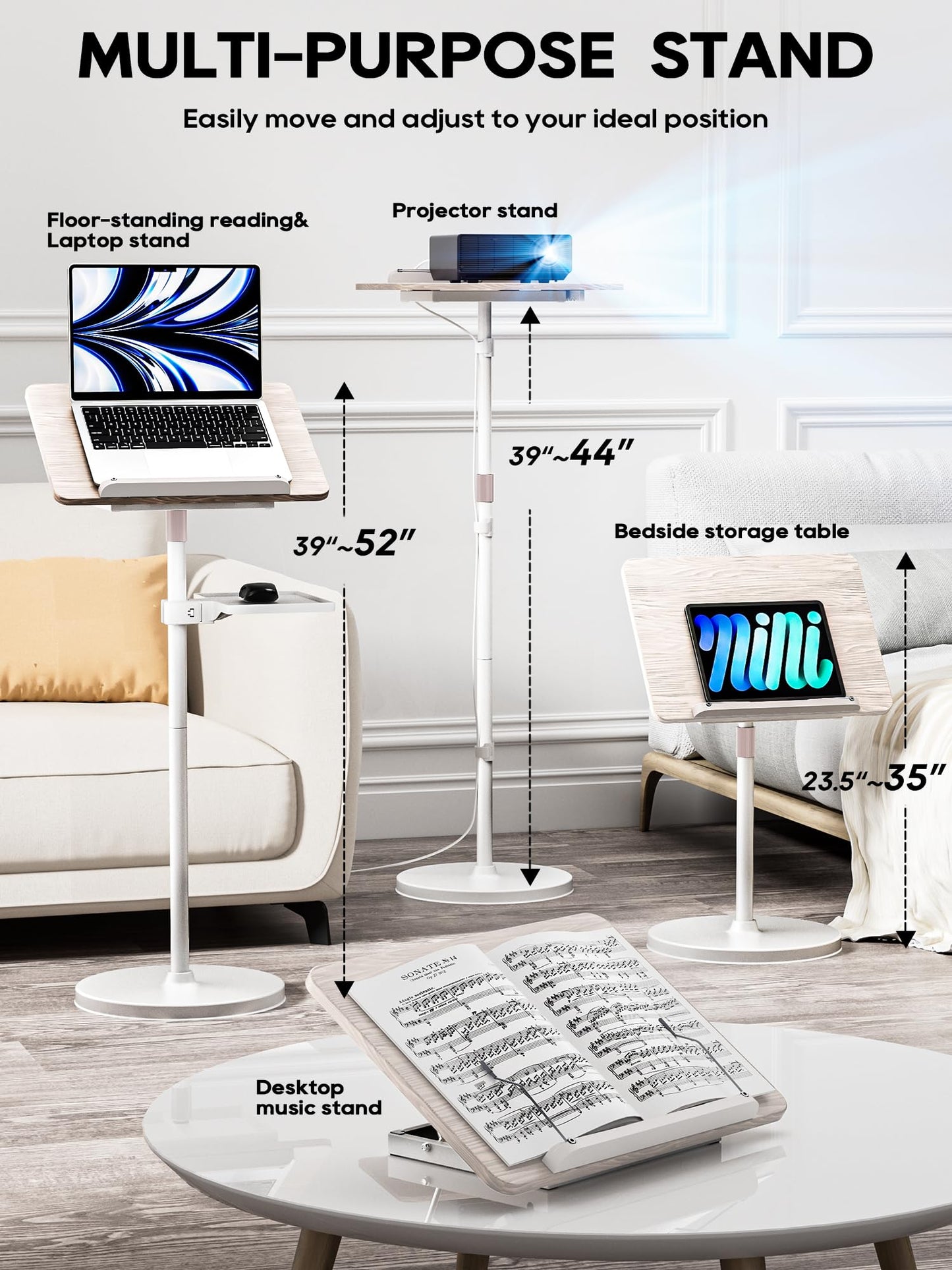 2 in 1 Adjustable Book Stand - Dual-Use Floor and Desktop Book Holder Stand, Height Adjustable 23.5-52 in, Elastic Page Clips for Music Sheet, Recipe, Tablet, Laptop-White