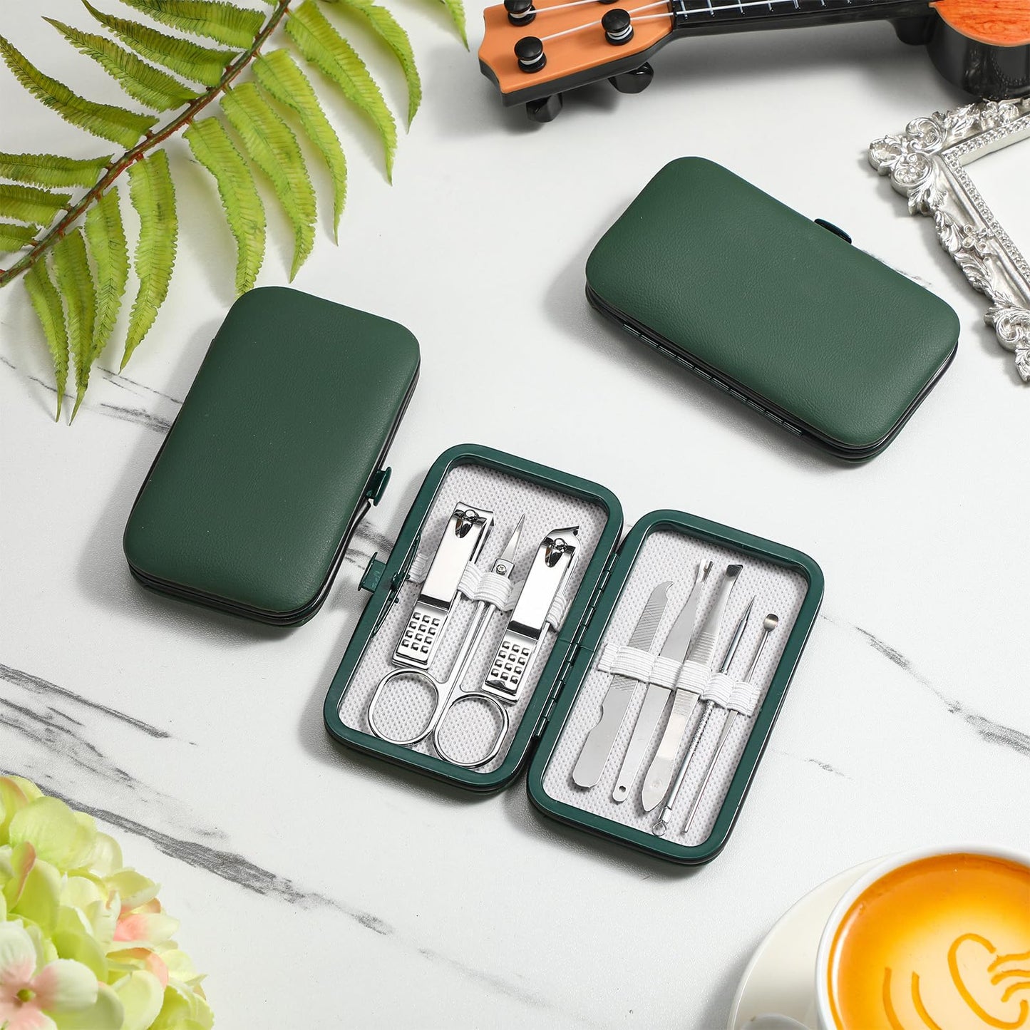 Hanaive 6 Set Manicure Set 48 Pcs Nail Clippers Pedicure Kit Gift for Mother's Day 8 in 1 Stainless Steel Grooming Kit Professional Nail Care Tools with Luxurious Travel Case for Men Women(Green)