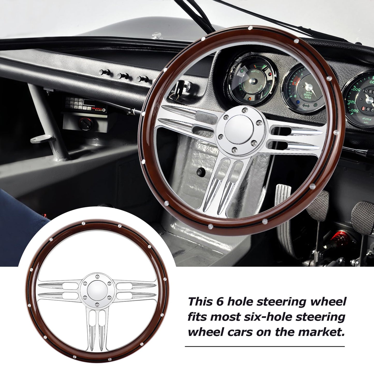 QYMOPAY Billet Wooden Racing Steering Wheel, 6 Hole Steering Wheel with Horn Buttons 3 Spoke for Rally/Motorsport/Car Simulator Driving