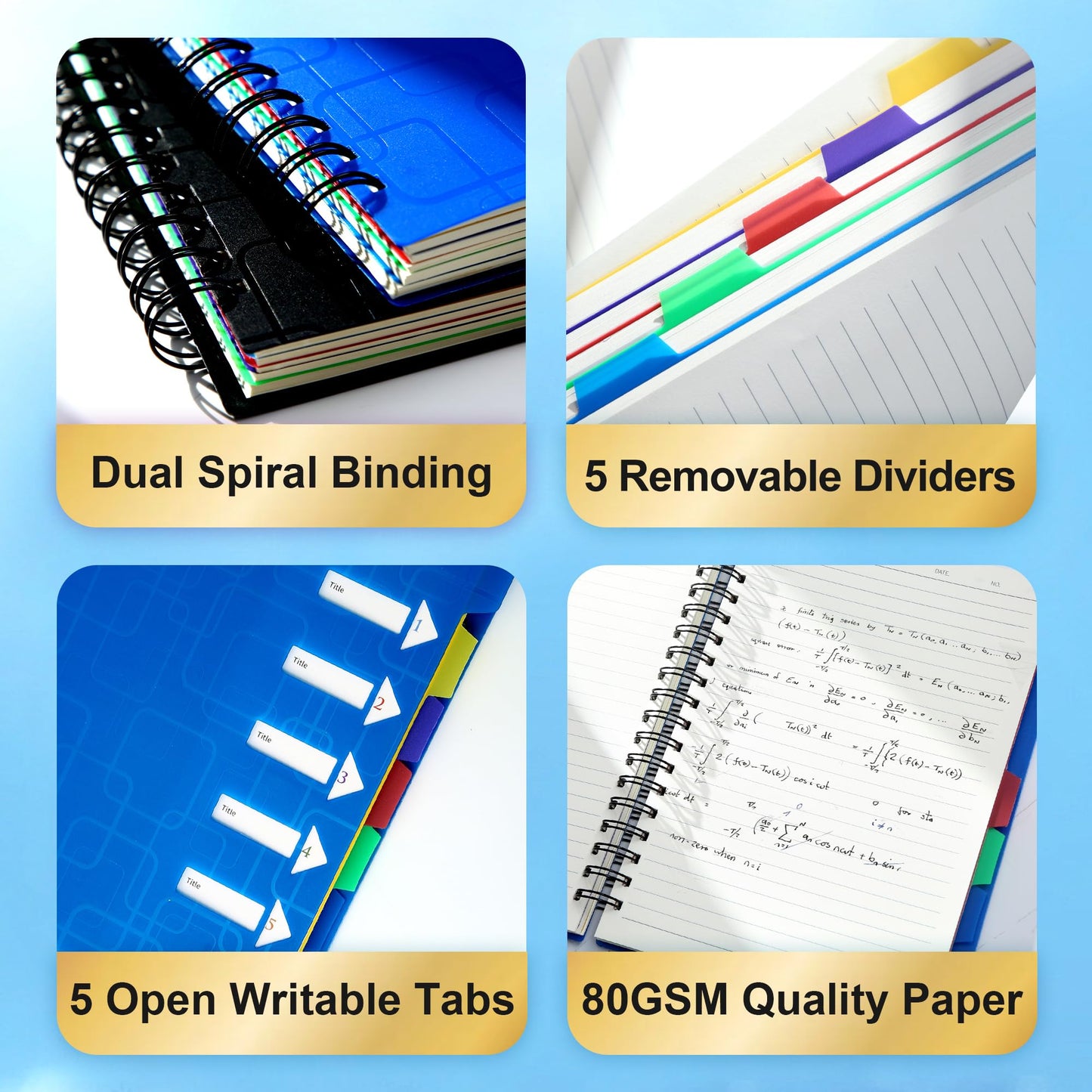 CAGIE Spiral Notebook 5x7 Small Notebooks College Ruled 5 Subject Notebook with Dividers A5 for Work Office School Supplies Journal, 240 Pages/ 120 Sheets, Blue