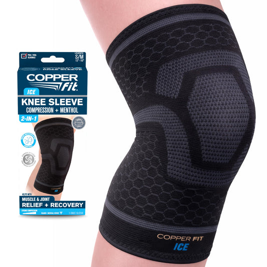 Copper Fit unisex adult ICE Sleeve, S/M Knit Compression Knee Sleeve Infused with Menthol and CoQ10 for Maximum Recovery, Black, Small /Medium US (12"-16")