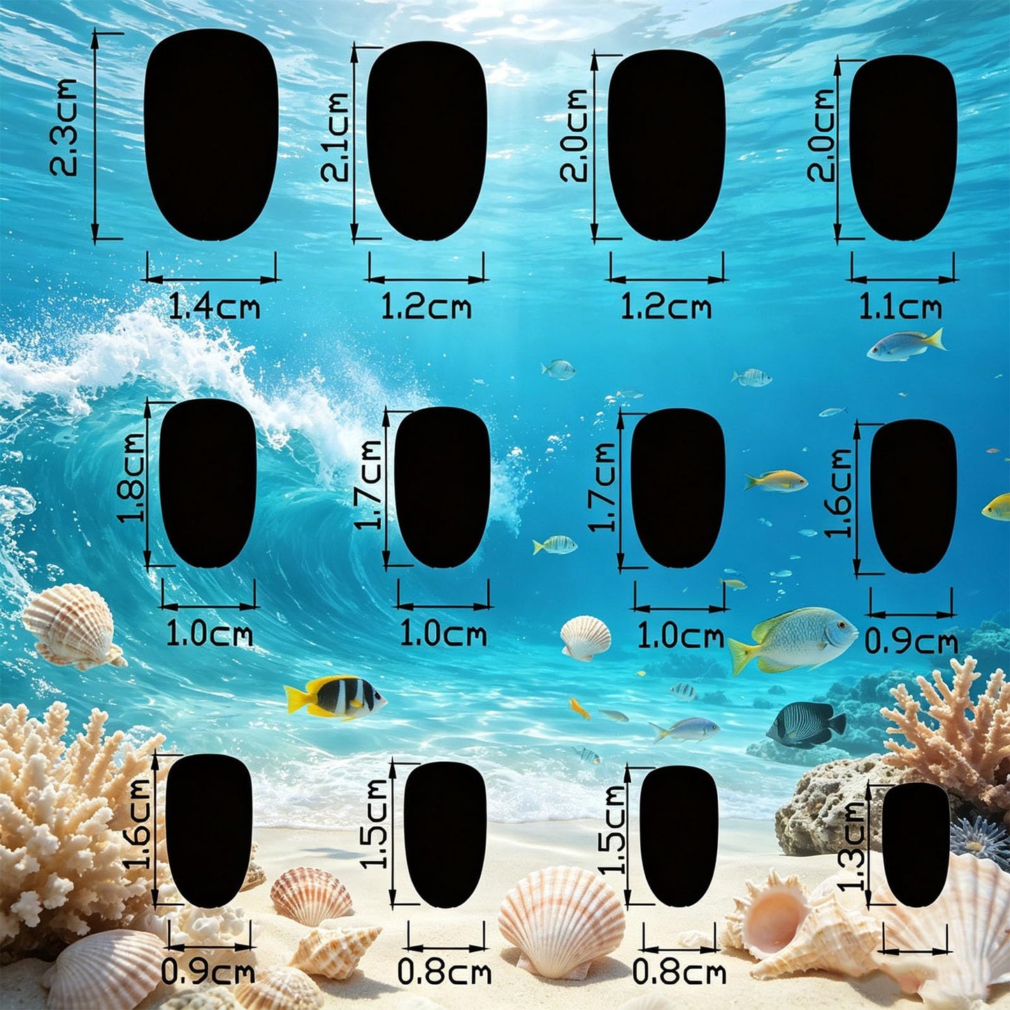 Ocean Themed Press on Nails Medium Almond, Whale False Nails, Glossy Blue Stripe Fake Nail Starfish Glue on Nail, Jellyfish Stick on Reusable Acrylic Fingernails for Women Summer Beach Daily Wear