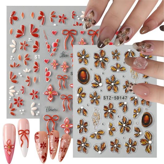 3 Sheets Flower Nail Art Stickers Decals 5D Self-Adhesive Nail Decals Spring/Summer Floral | Bow Designs, Self-Adhesive Decals for Women's Nail DIY Decoration