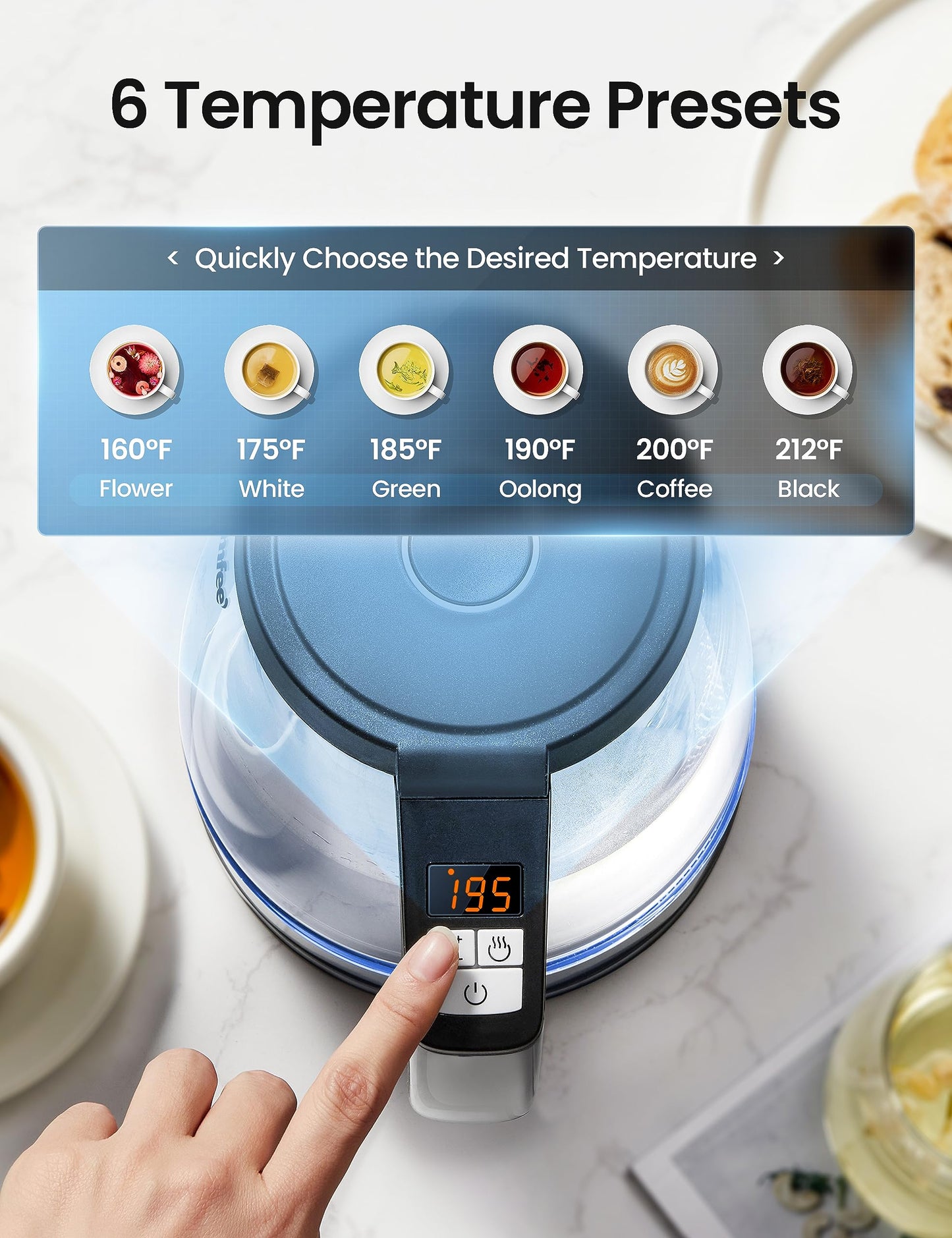 COMFEE' 1.7L Glass Tea Kettle and Kettle Water Boiler - Electric Kettle Temperature Control with 6 Presets, 2-Hr Keep Warm, Fast Heating, 304 Stainless Steel, Auto-Off and Boil-Dry Protection