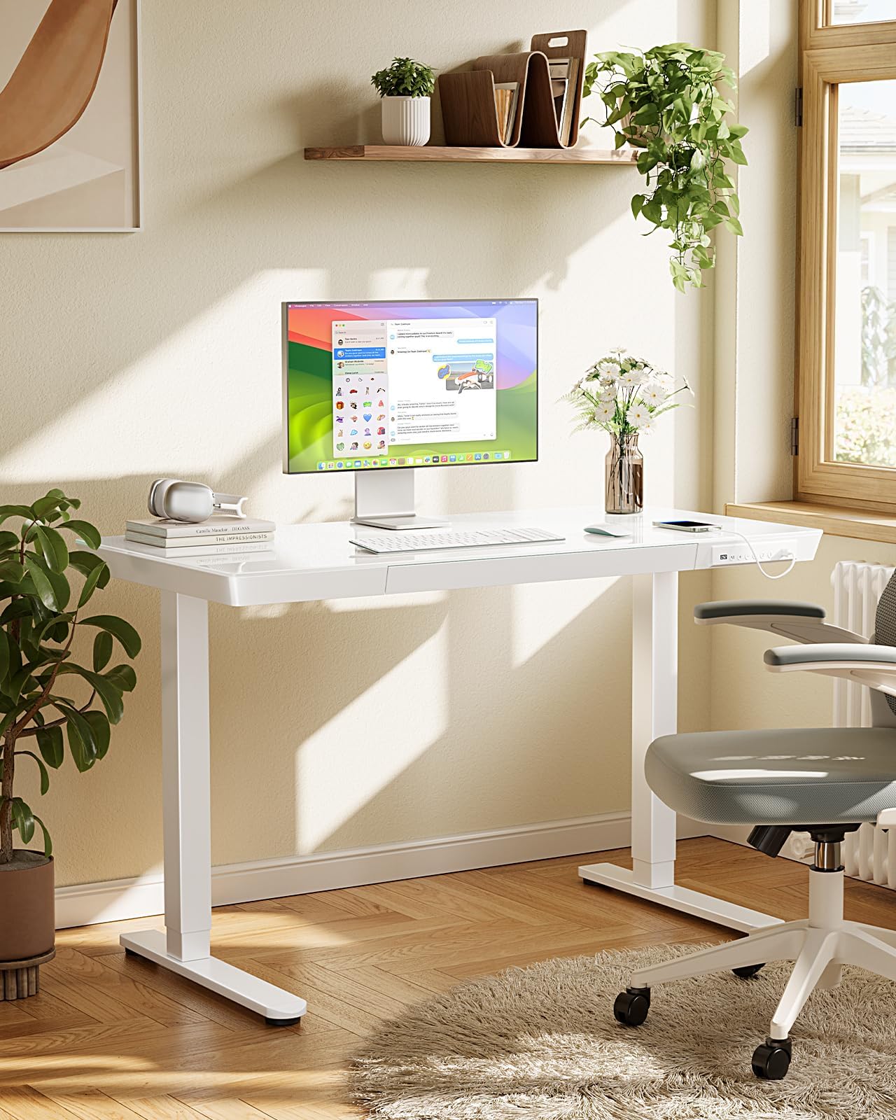 Marsail Glass Standing Desk with Drawer, 48x24 inch,Sit Stand Desk with One-Piece Tabletop & USB Charging Ports, Computer Table with Storage for Home & Office White