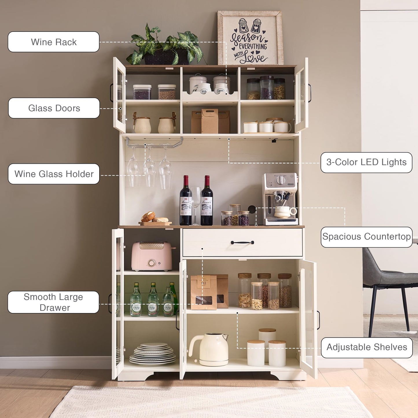 Fatmok 71" Tall Pantry Cabinet, Coffee Bar Storage Cabinet with Charging Station & LED Lights, Kitchen Hutch Food Pantry Cabinet with Wine Rack, Drawer, Adjustable Shelves & Microwave Stand, White
