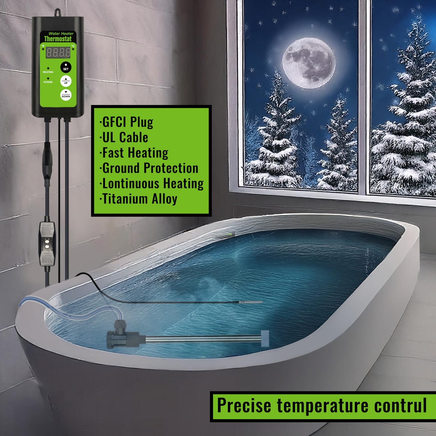 LINGLONGTEMP 1000W Titanium Submersible Hot Tub & Pool Portable Electric Immersion Water Heater with Temp Control & GFCI for Bathtubs, Buckets, Baptism Pool, Inflatable Pool, Baptistry & Sap tub