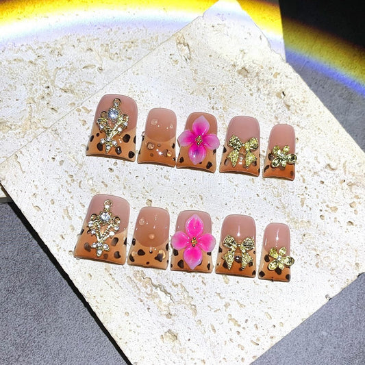 Handmade Press on Nails Short Duck Fake Nails Leopard Print Gradient French Design Luxury Gems False Nails Gold Bow and Flower Handmade Press ons Nail Reusable Nails for Women Decorations (Size M)
