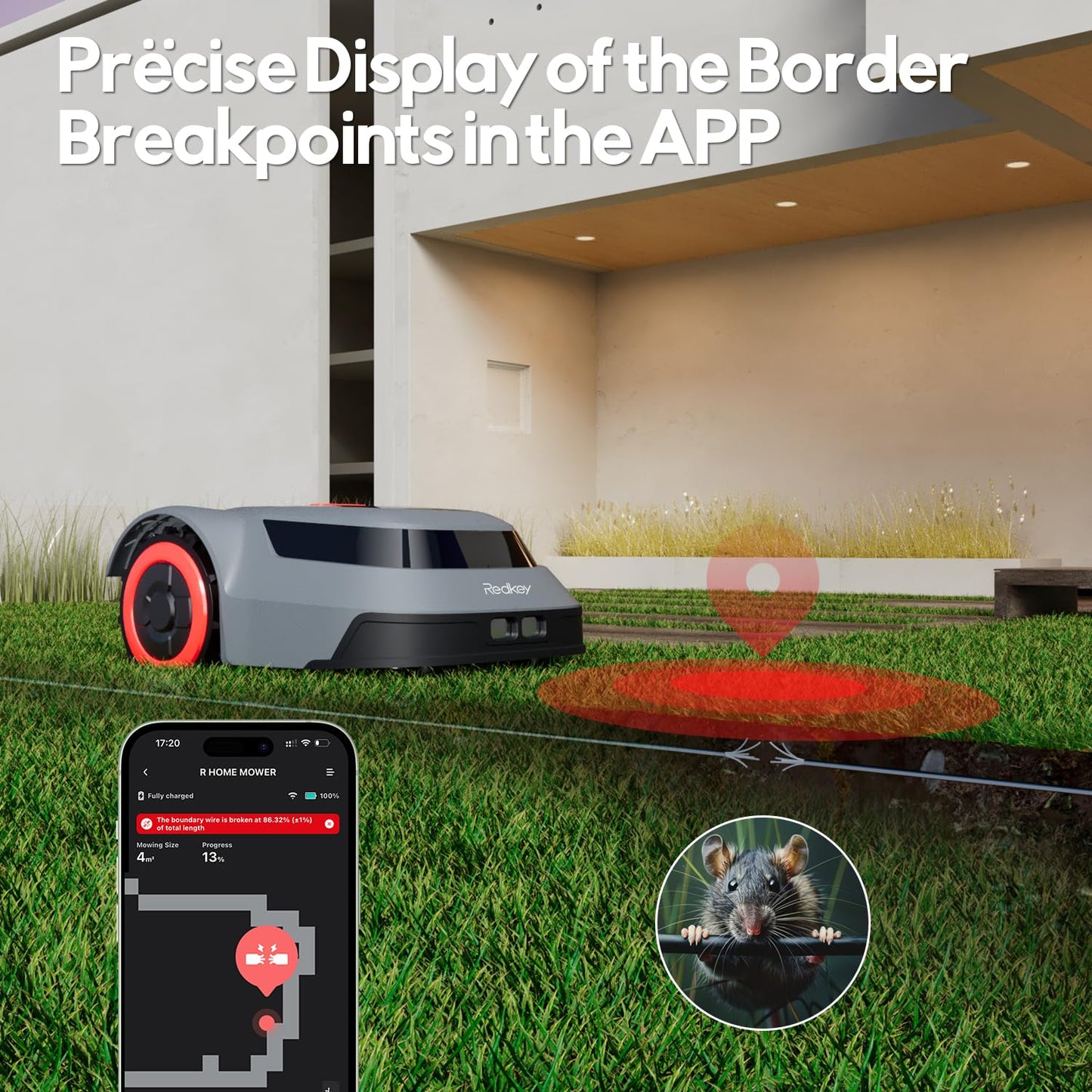Redkey MGC1000 Robot Lawn Mower with 390ft Boundary Wires for 0.12 Acre (1/8 Acre), 45% Slope, 70Mins Runtime, Auto Recharge, Automatic Robotic Lawn Mower w/Precise Location & Breakpoint Detection