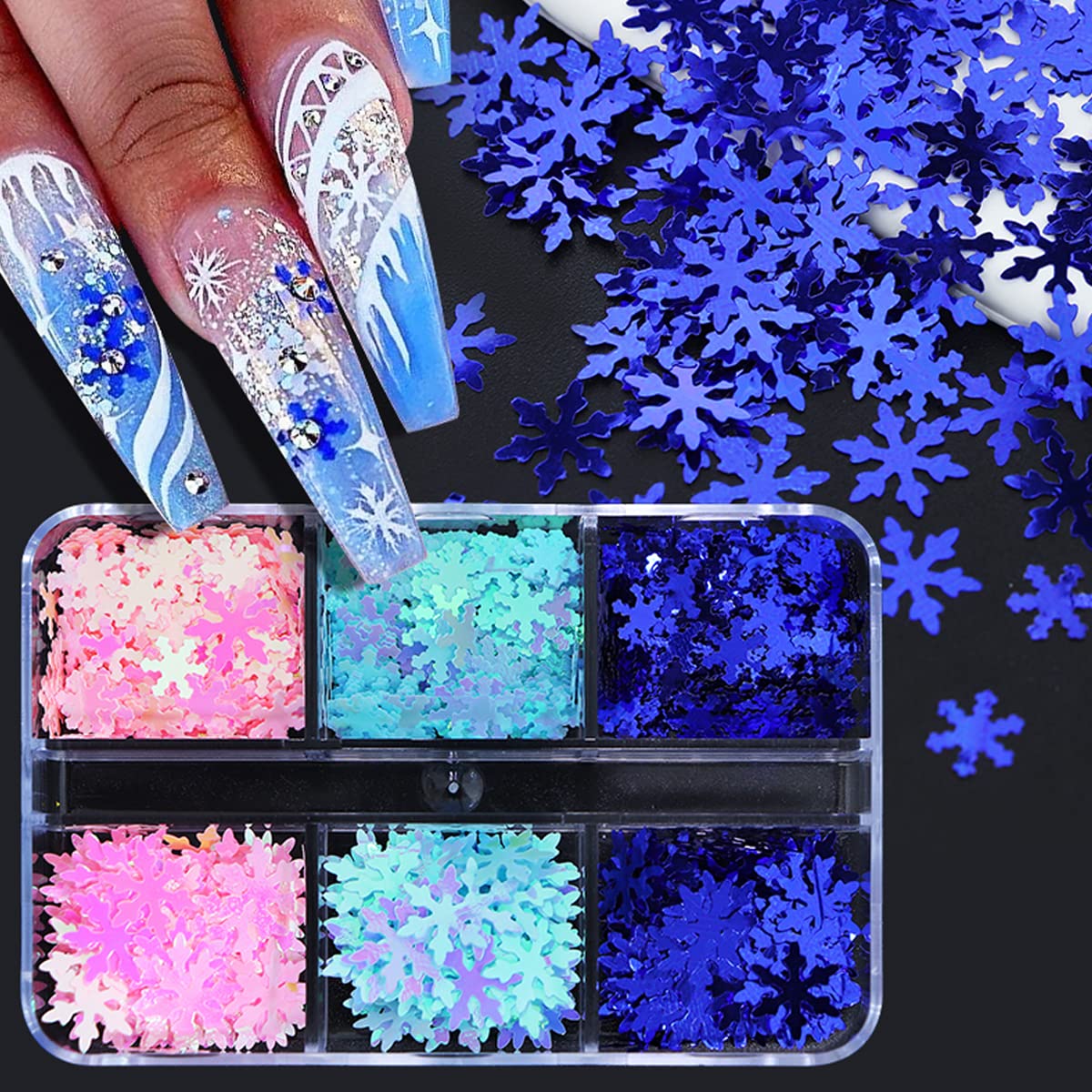 Christmas Nail Art Stickers Decals - 6 Grids Blue Snowflake Glitter Sequins - Xmas Snow flakes Nail Art Decoration for Nails Pink Snowflakes Winter Christmas Nail Supplies for Professional Accessories