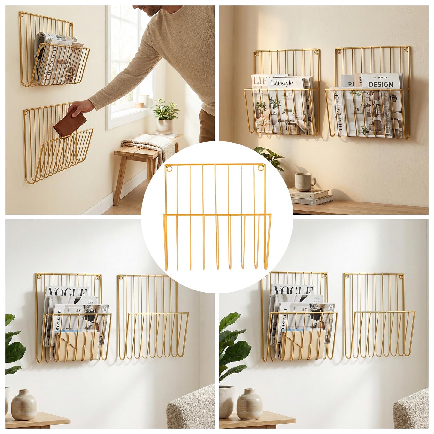 Pipigaty 2-Pack Wall Magazine Holder File Organizer Mental , Wall Mounted Magazine Rack for Space-Saving, Walls Magazine Holder for Mail, Bathroom & Home Office Organizer, Office Living Room(Gold)