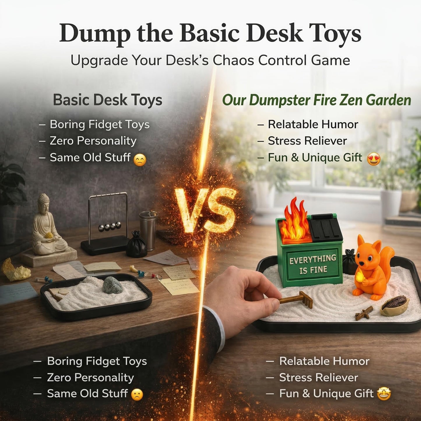 Qoieua Dumpster Fire Zen Garden for Desk - Squirrel Edition Funny Office Desk Accessories - White Elephant Gag Gifts for Coworkers, Boss, Men & Women - Mini Sand Tray Stress Relief Decor (14+)