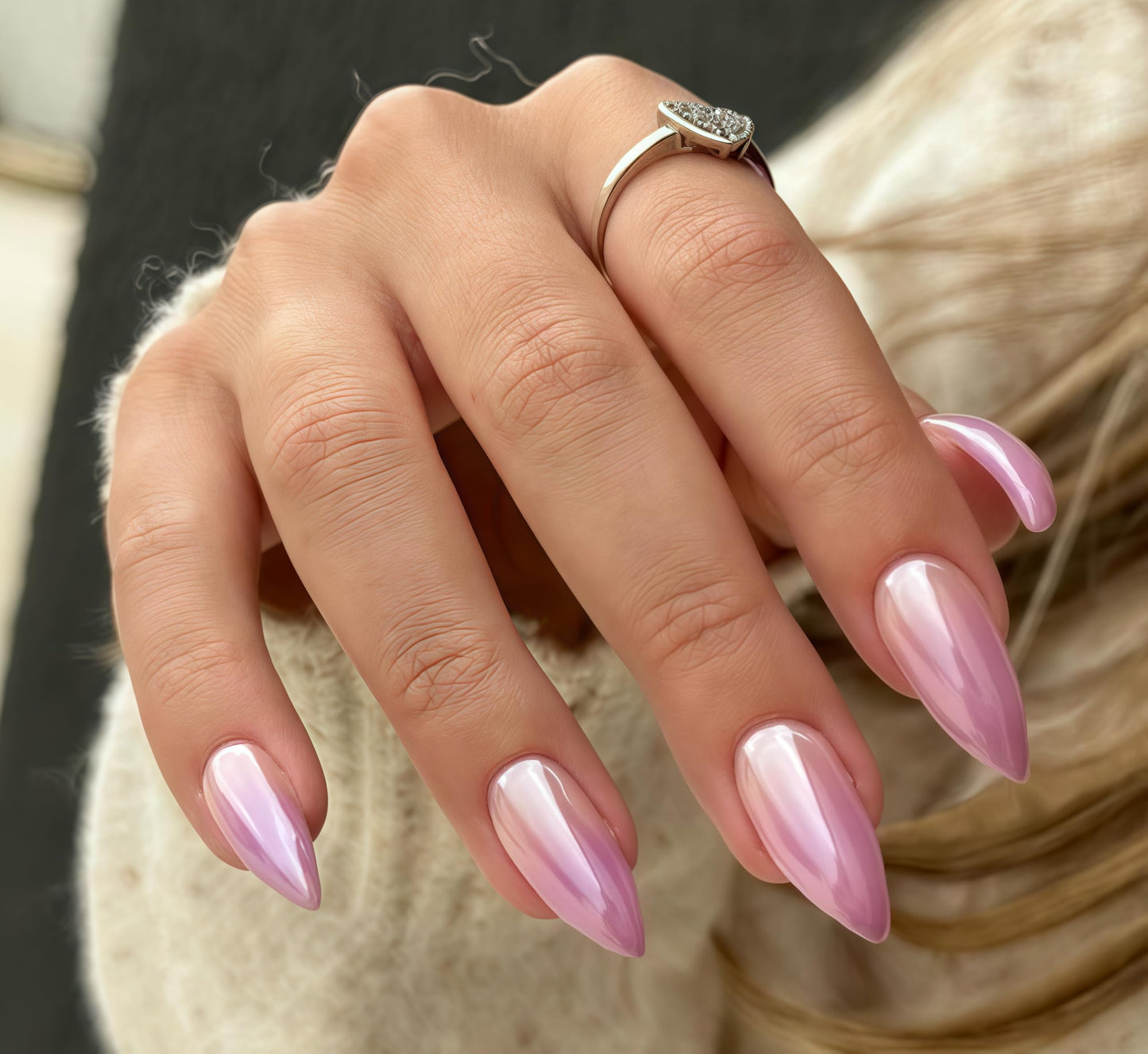 French Press On Nails Almond - KQueenest Ombre Lilac Chrome Press On Nails Medium, Sparkle Gel Fake Nails Press on with Mirror Effect, Natural Glue on Nails Medium, Stick On Nails for Women Daily Wear