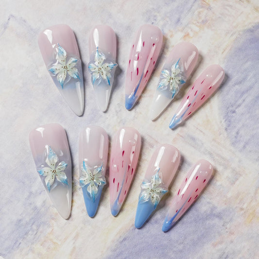 Tesytto 3D Floral Press On Nails Long Stiletto Fake Nails – Elegant Handmade Ombre Nail Art with Lilies Flowers Designs, Multi-Layer Gel Reusable Acrylic Nails for Women (3D Lily Ombre, S)