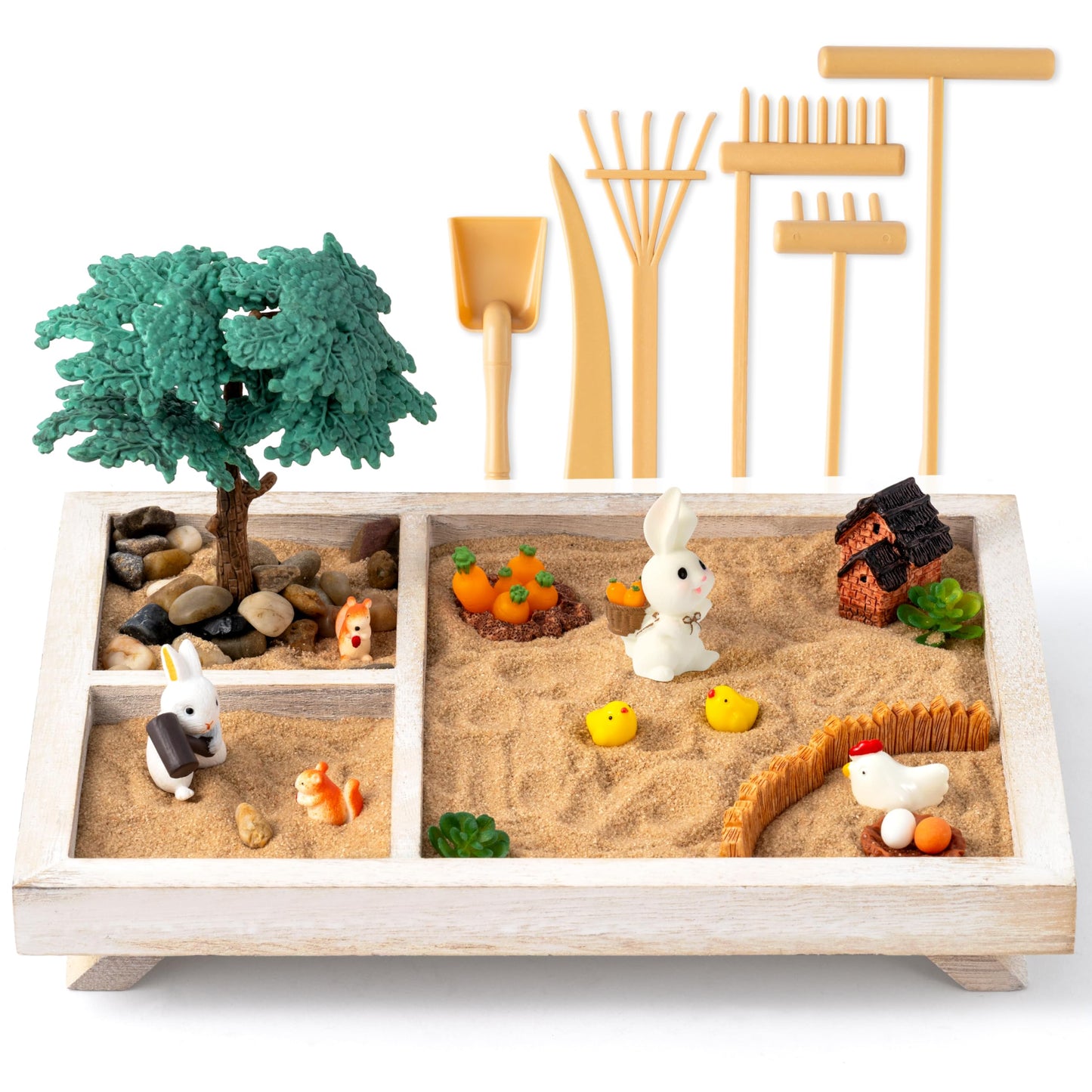 GudaAphrmix Zen Sand Garden Kit, Mini Farm Therapy Tray with Rake, Gift for Chirstmas Birthday, Wooden Sandbox Decor Home Office Desk with Miniature Chicken Coop Hen for Meditation and Stress Relief